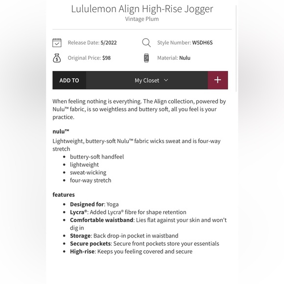 LULULEMON Align High Rise Joggers Vintage Plum Size 0 Leggings 28 inseam - Picture 3 of 8